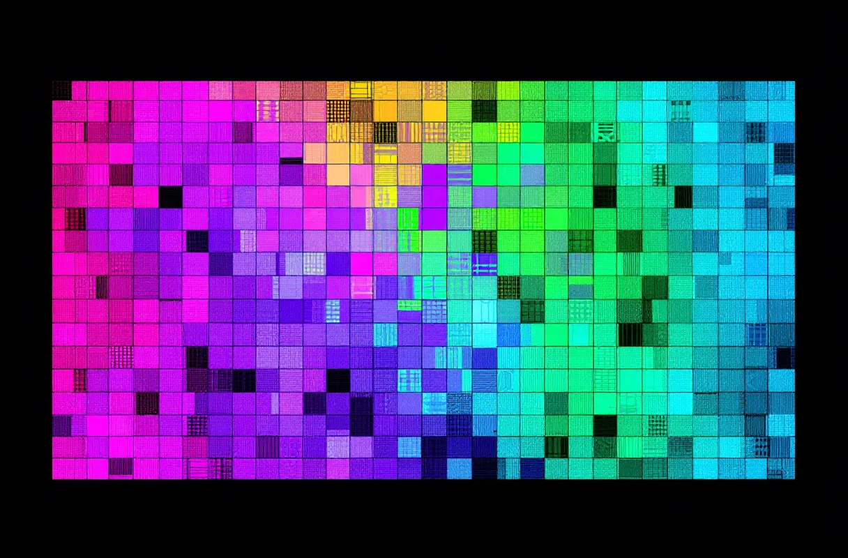 Pixel-art tile-map heatmap of multicolored squares suggesting a gene-expression matrix on a dark CRT screen