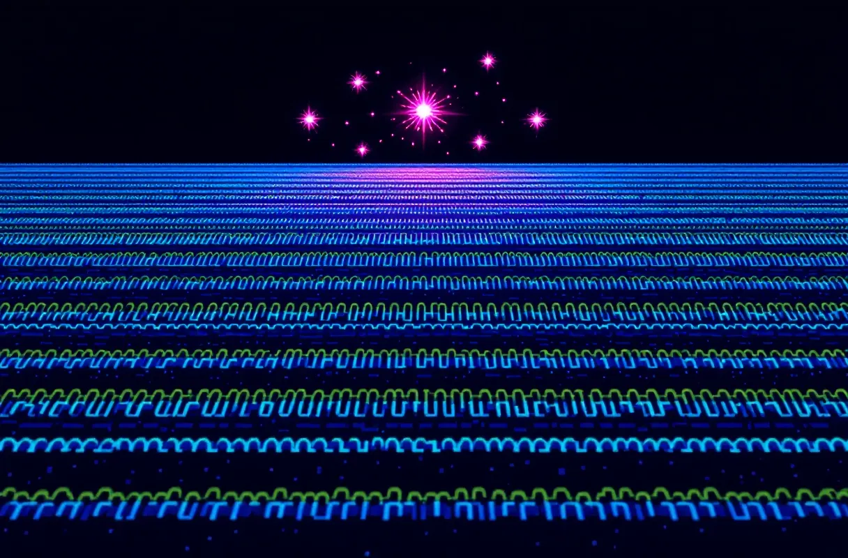 Pixel-art field of parallel collagen fibril rows with three glowing fibroblast sprites on a dark CRT screen