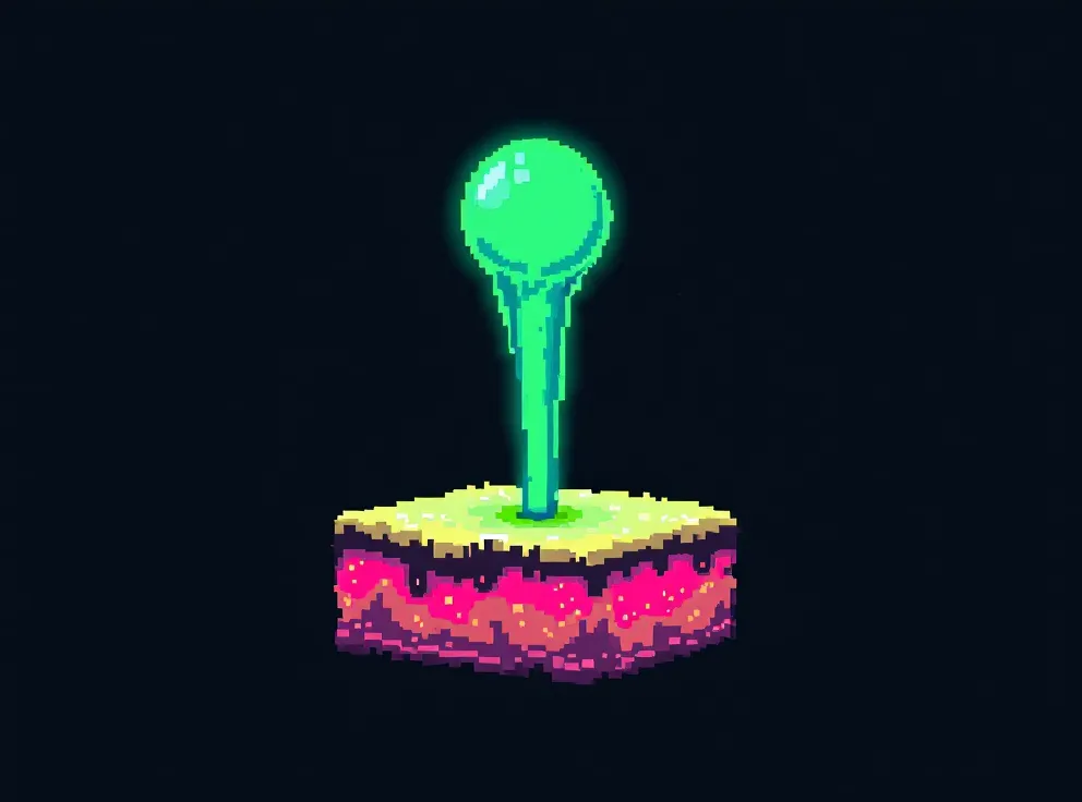 Pixel-art collectible-item sprite of an abstract hair-follicle cross-section on a dark CRT screen